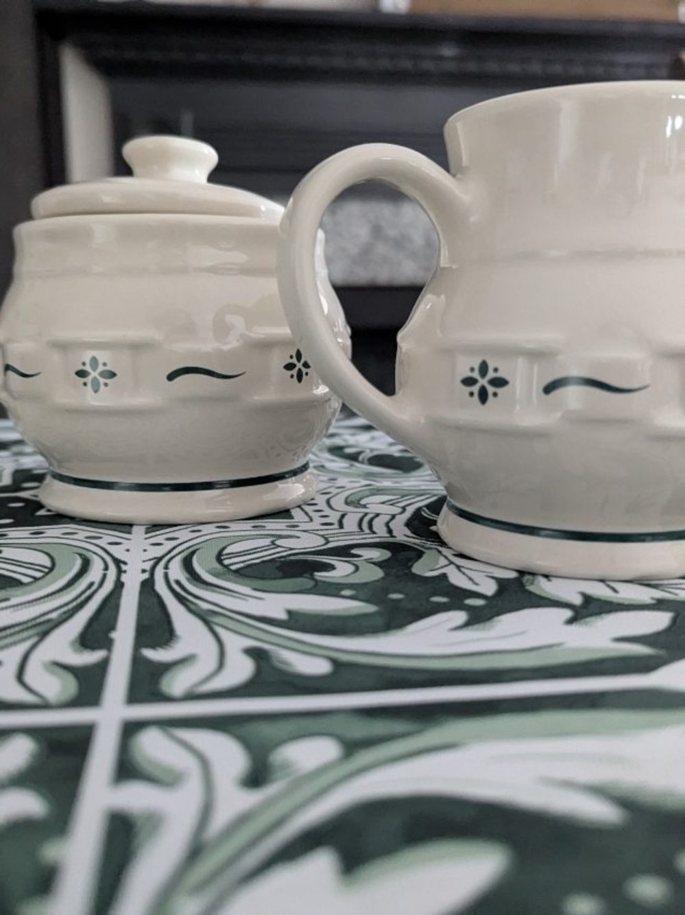 Longaberger Cream and Dark Green Ceramic Sugar and Creamer Set